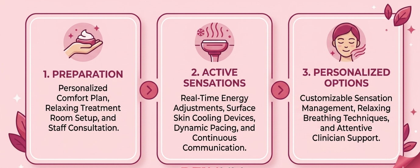 Infographic outlining the customizable comfort and pain management options for an Ultherapy non-surgical facelift treatment.