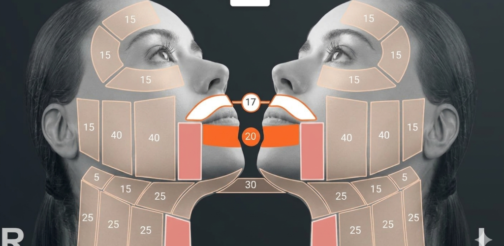 Anatomical vector grid illustrating custom energy mapping zones for a non-surgical facelift treatment.