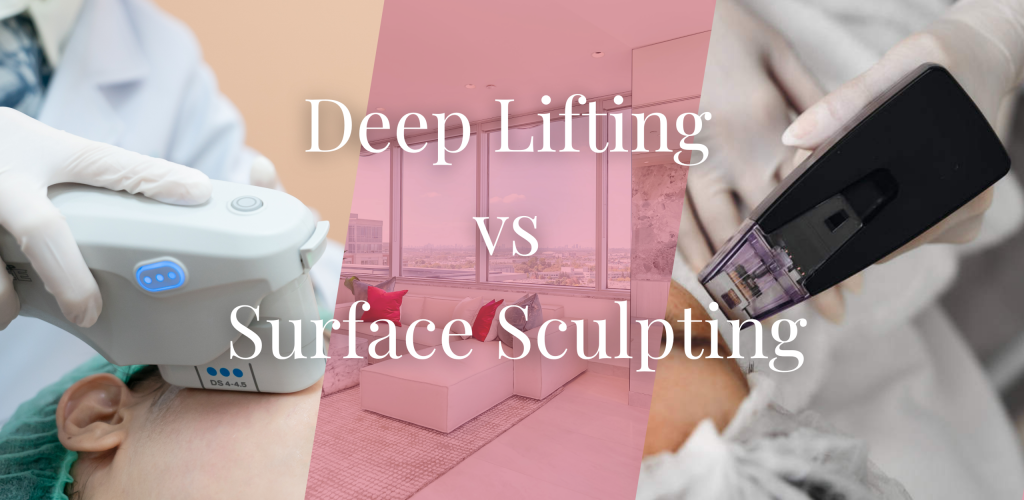 A 3D medical cross-section diagram comparing deep ultrasound structural lifting with dermal radiofrequency skin tightening.