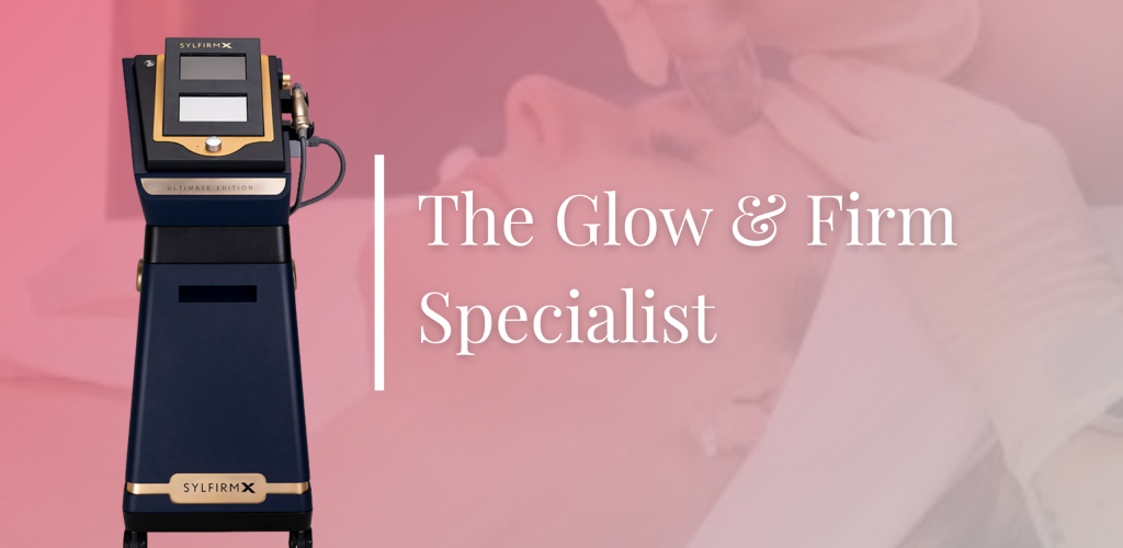 A 3D medical graphic demonstrating dual-wave radiofrequency microneedling for skin tightening and glow.