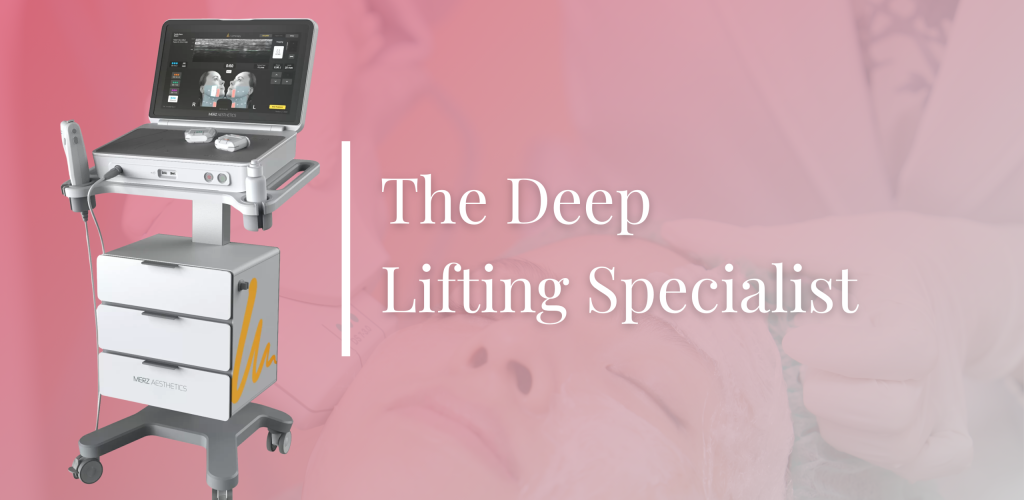 A 3D medical graphic illustrating how ultrasound waves penetrate deep skin layers for non-invasive skin tightening.
