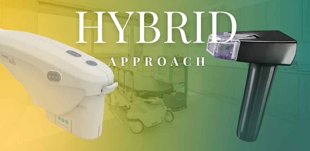 A 3D anatomical diagram illustrating a multi-depth hybrid skin treatment combining deep lifting energy and dermal tightening.