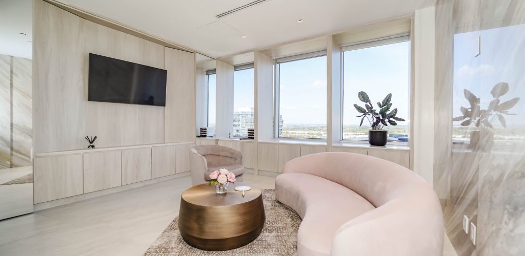 The welcoming, luxurious reception area of a premium medical spa offering customized non-surgical facelift consultations.